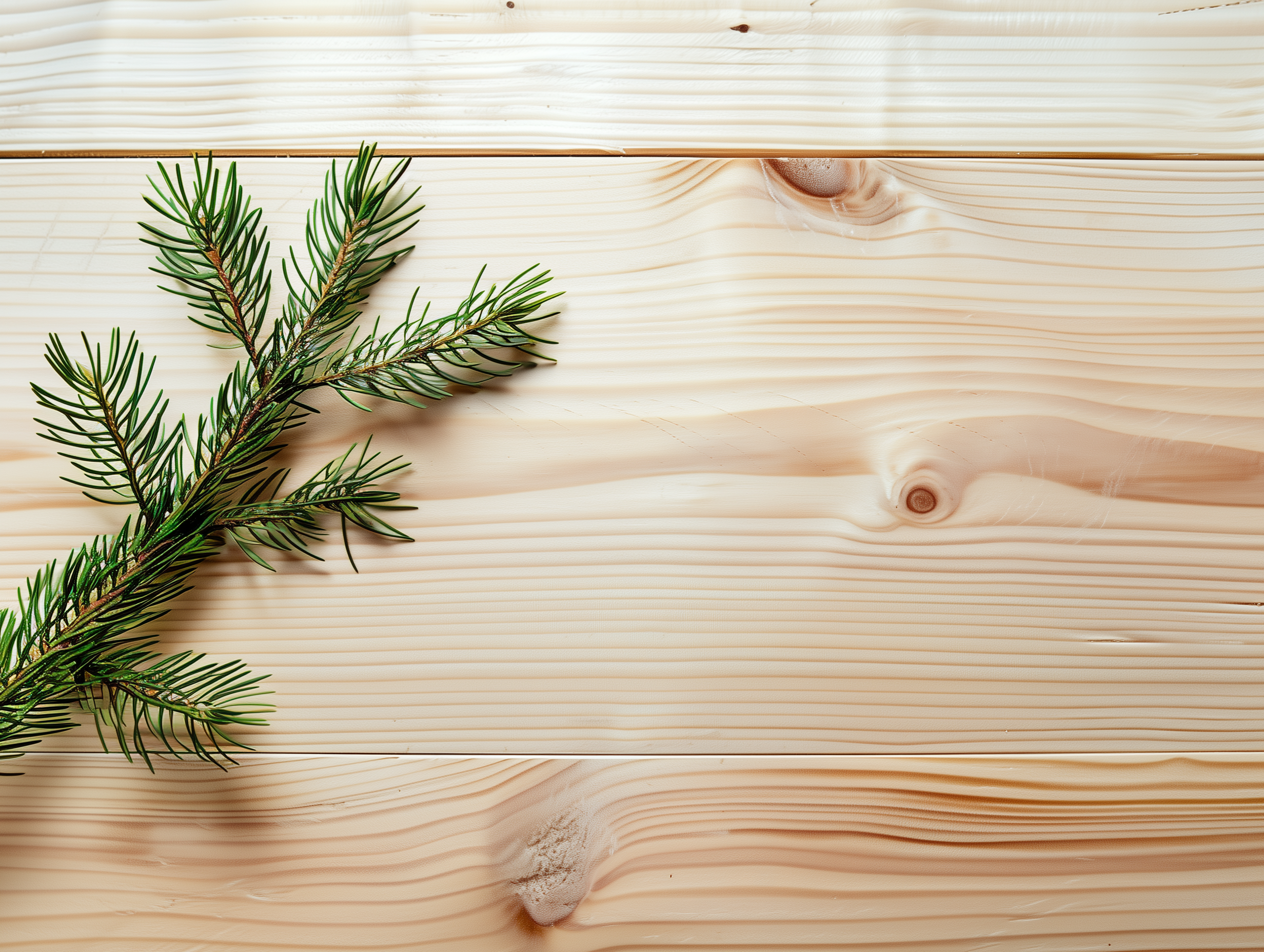 Ein KI-generiertes Holzbrett, fotografiert von oben, auf dem ein grüner Tannenzweig liegt – sinnbildlich für die natürliche Holz100-Bauweise.